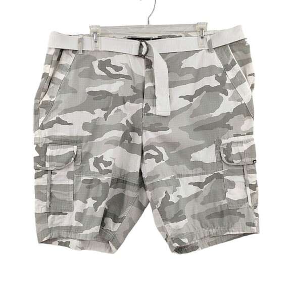 Ecko Unltd Cargo Shorts Mens 46 White-Gray Camouflage Belted Utility Cotton - Picture 1 of 12